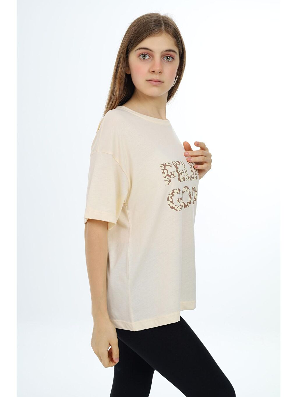 Ekru Krem Leopar Desenli Yazılı Bisiklet Yaka Kız T-shirt 18007-1