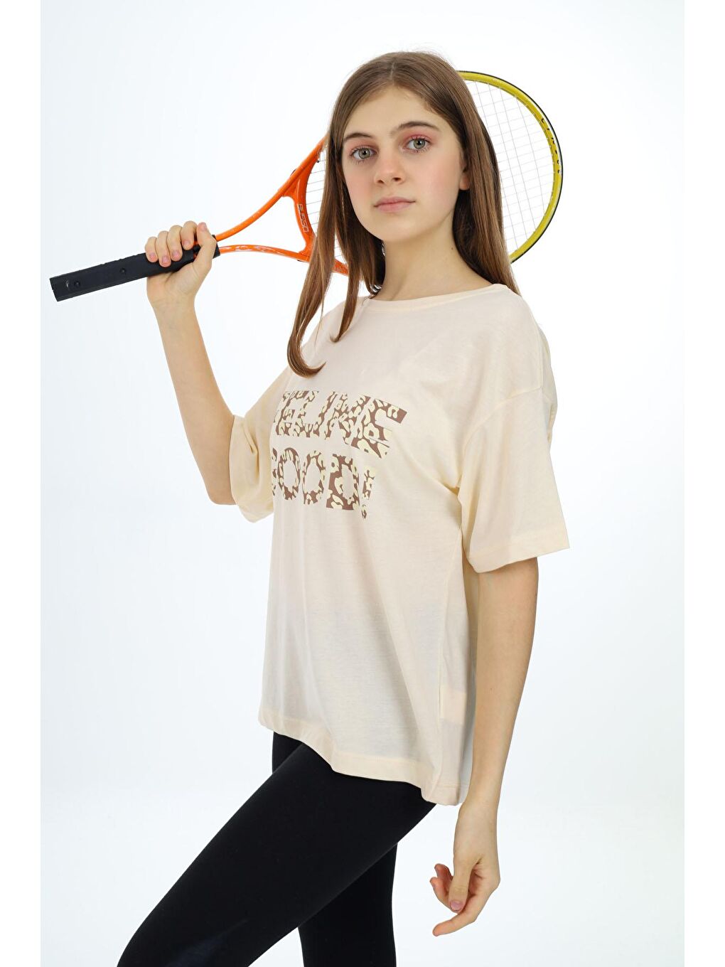 Ekru Krem Leopar Desenli Yazılı Bisiklet Yaka Kız T-shirt 18007-2