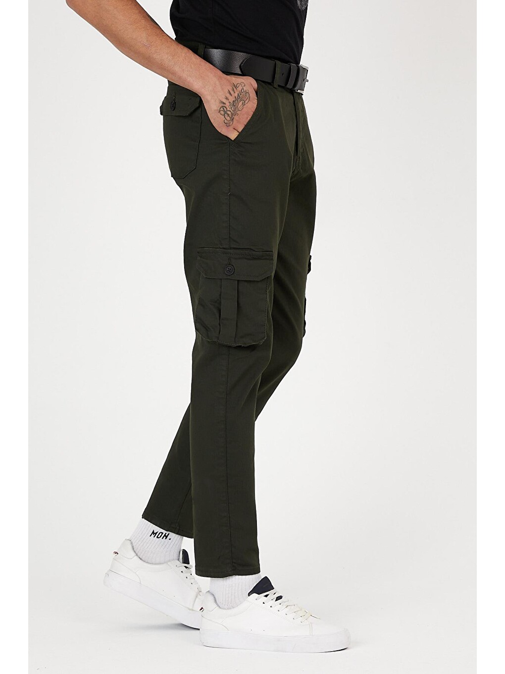 Haki Slim Fit Körüklü Cepli, , Düz Paça Esnek Kumaş Erkek Kargo Pantolon