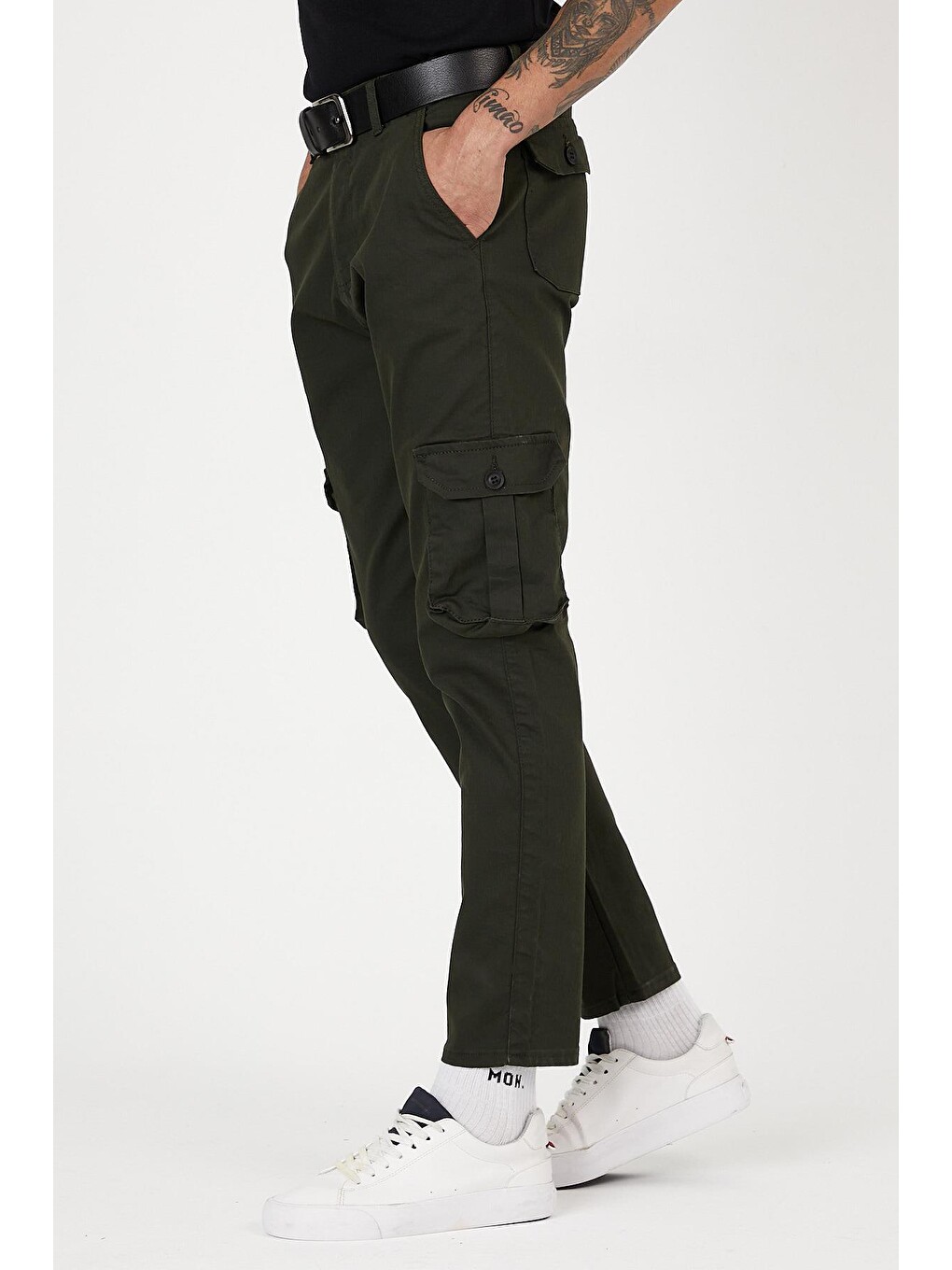 Haki Slim Fit Körüklü Cepli, , Düz Paça Esnek Kumaş Erkek Kargo Pantolon-1
