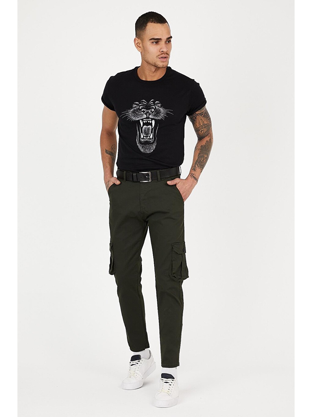 Haki Slim Fit Körüklü Cepli, , Düz Paça Esnek Kumaş Erkek Kargo Pantolon-2