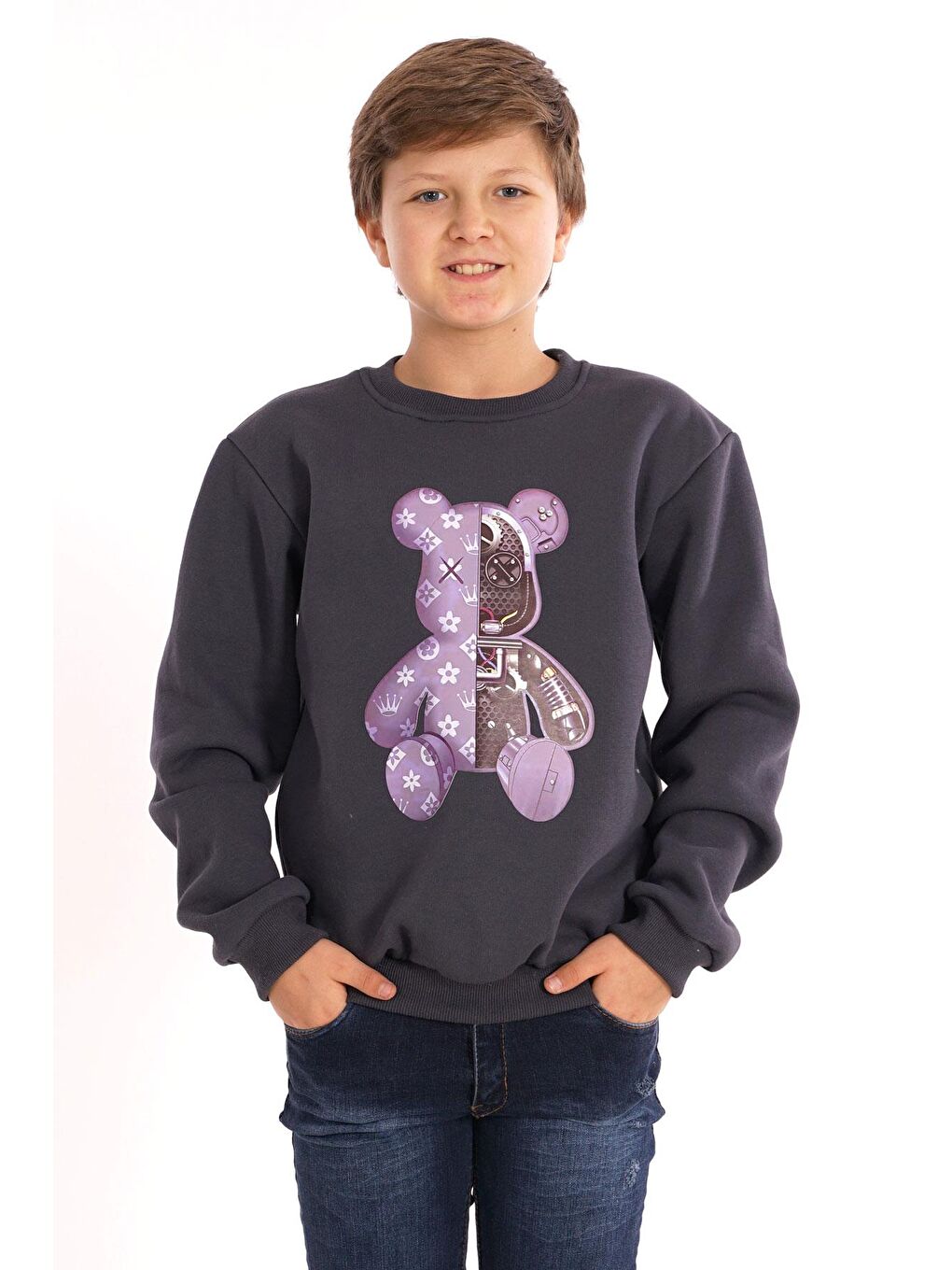 Gri Ayıcık Baskılı Füme Renk Erkek Çocuk Sweat