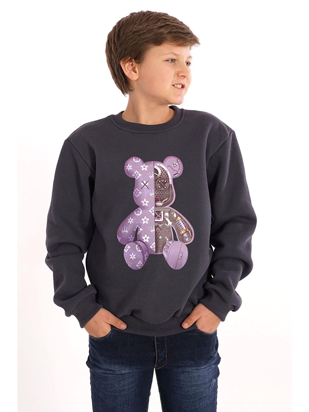 Gri Ayıcık Baskılı Füme Renk Erkek Çocuk Sweat-2