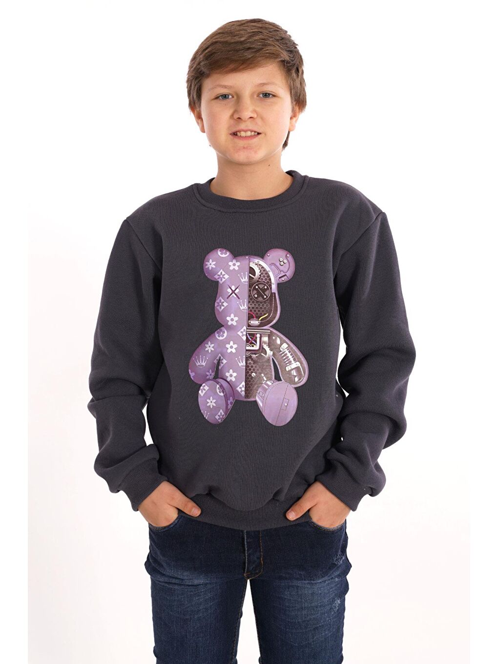Gri Ayıcık Baskılı Füme Renk Erkek Çocuk Sweat-3