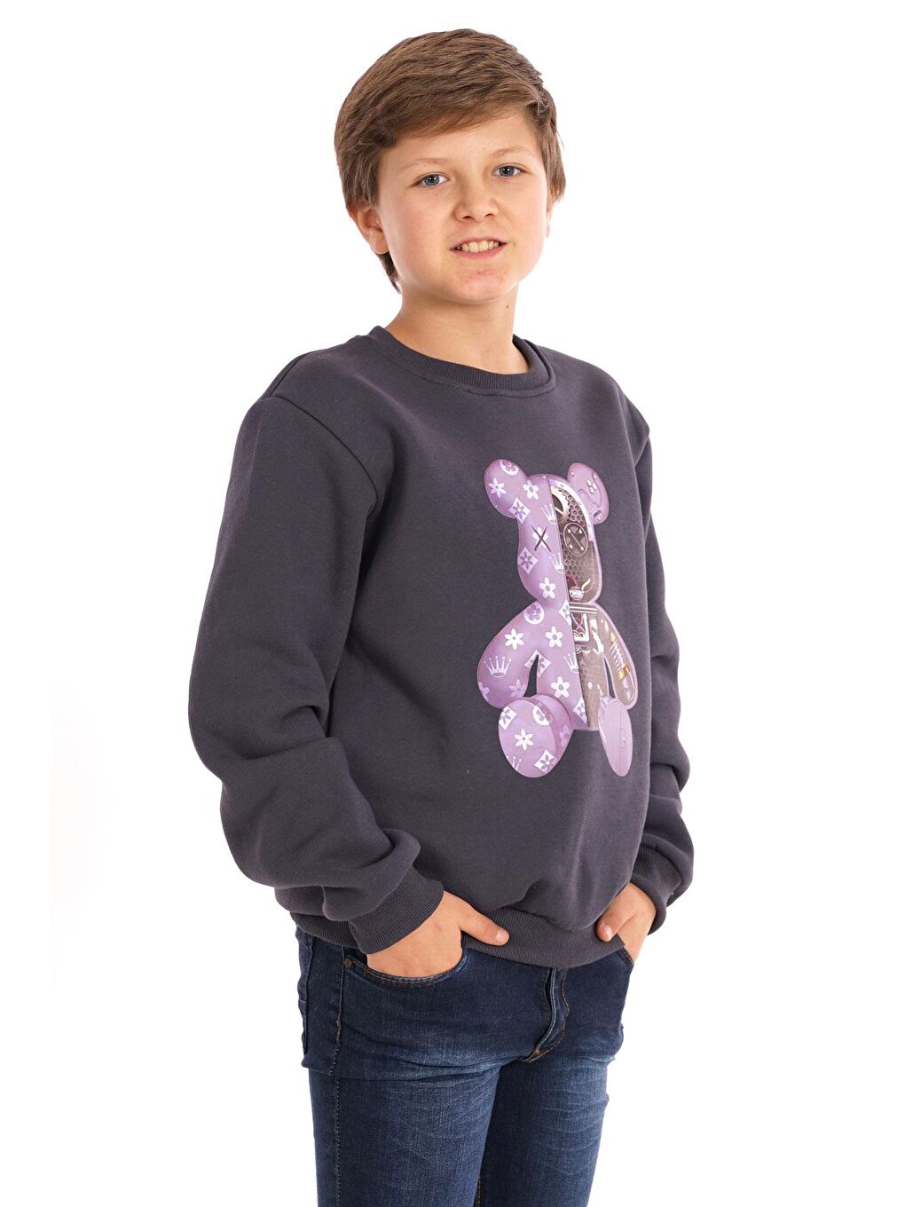 Gri Ayıcık Baskılı Füme Renk Erkek Çocuk Sweat-4