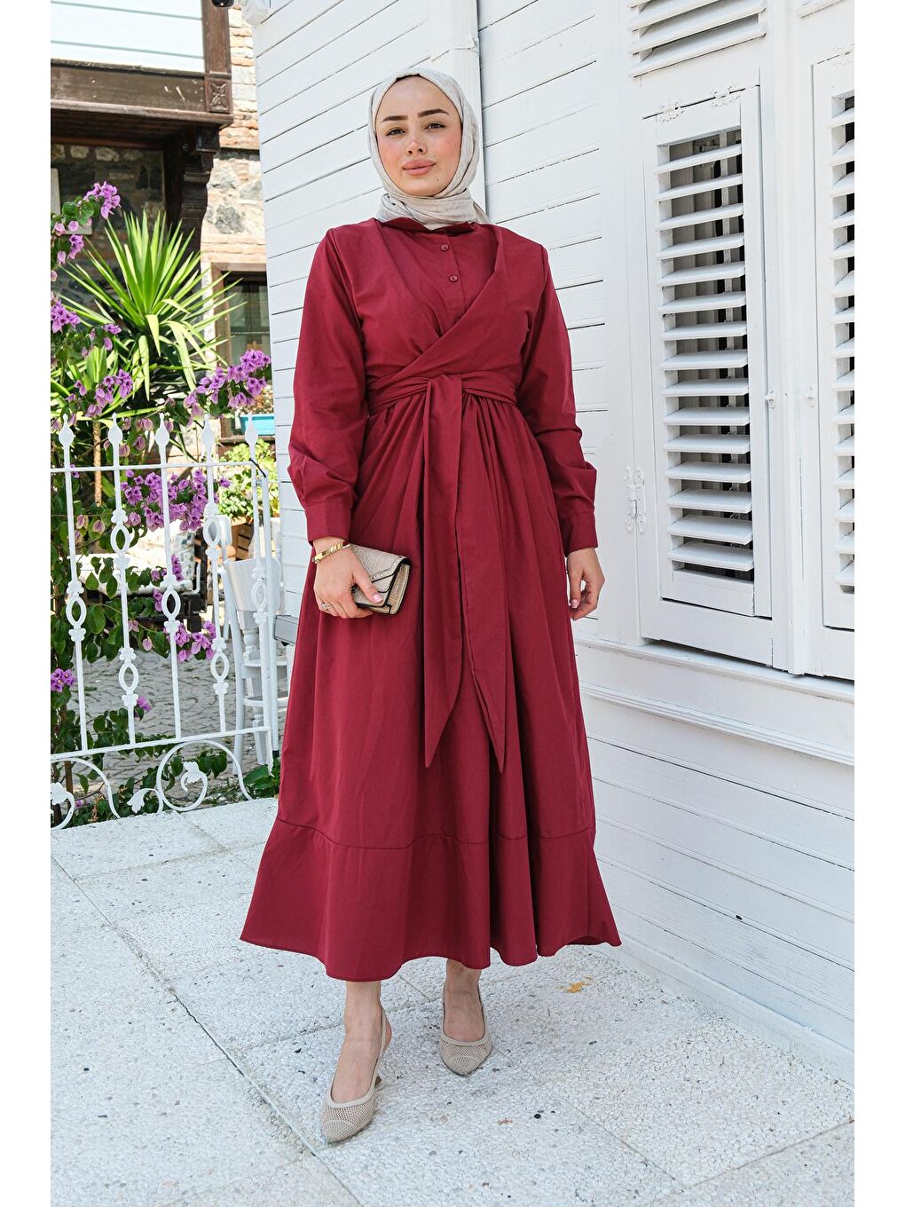 Bağlama Detay Elbise Bordo-1