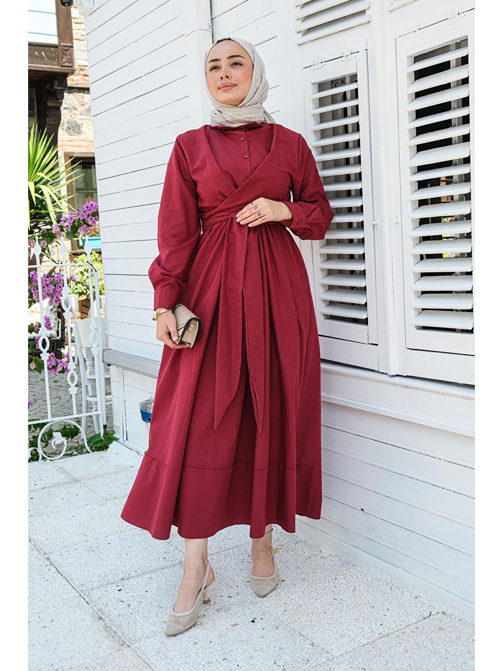 Bağlama Detay Elbise Bordo-2