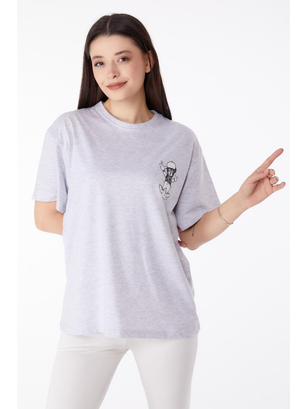 TOFİSA Gri Düz Bisiklet Yaka Kadın Gri Baskılı T-shirt - 25287 - 2