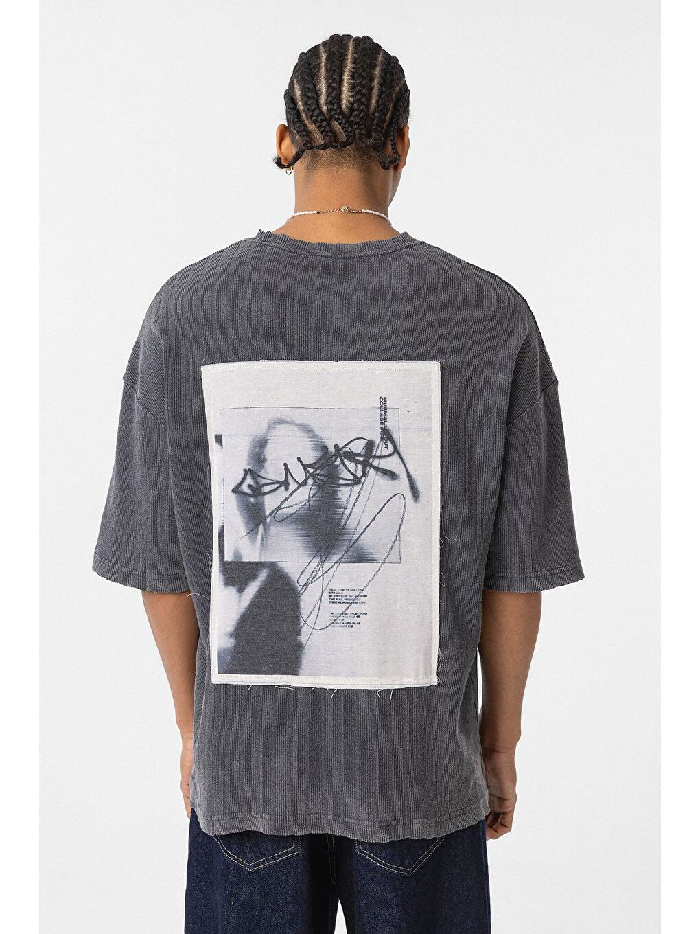 Yıkamalı Arka Baskılı Oversize Tişört Siyah-4