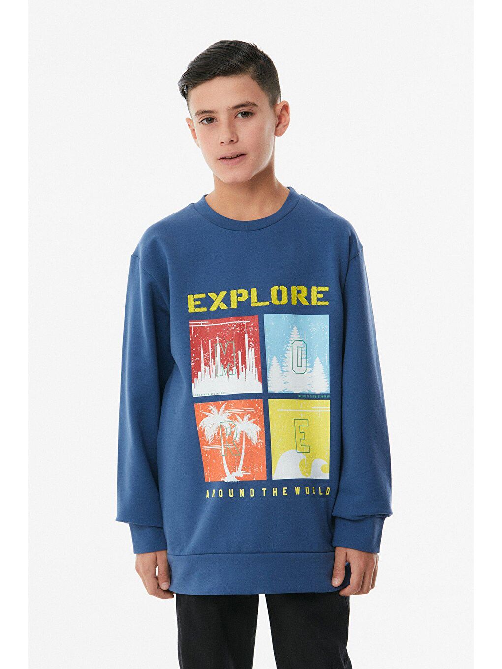 İndigo Baskılı Bisiklet Yaka Erkek Çocuk Sweatshirt