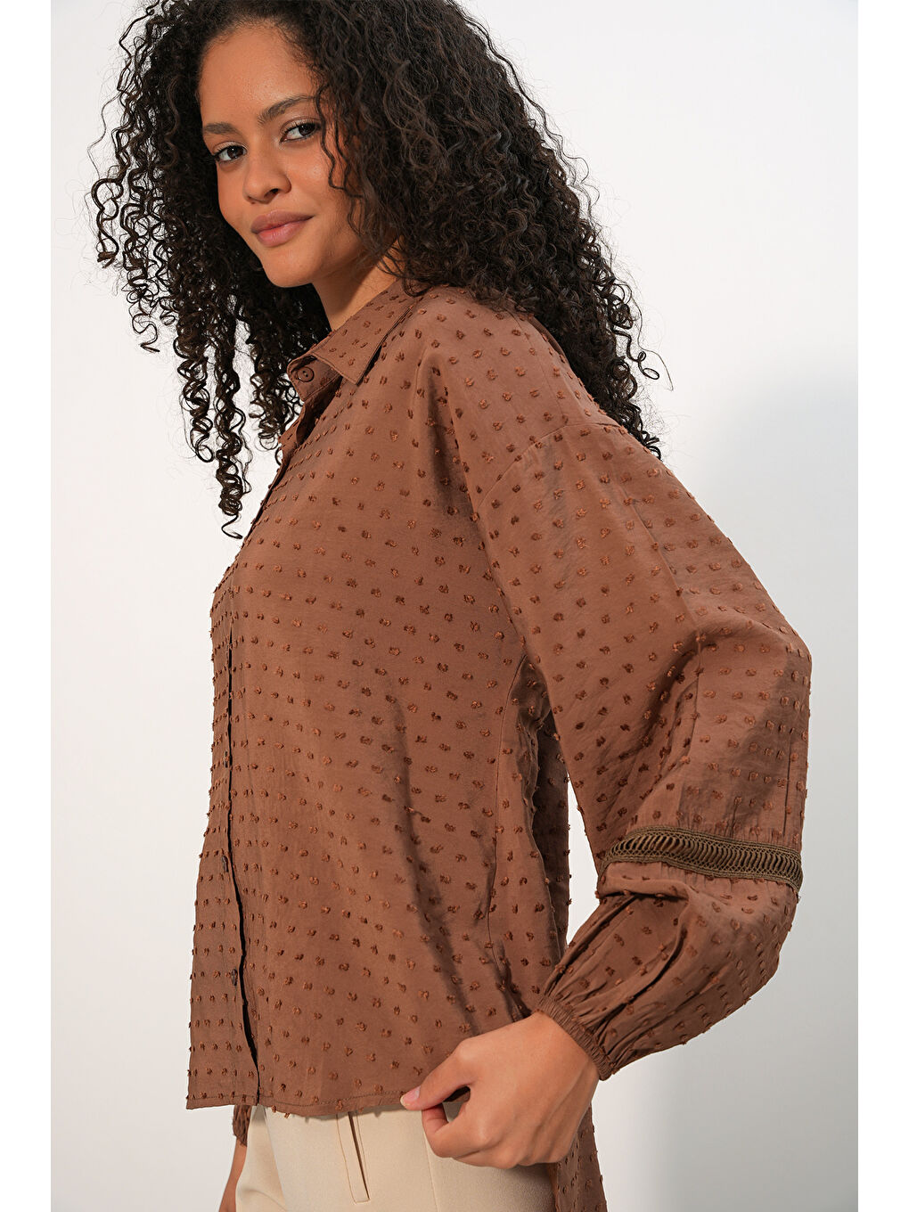 Kahverengi Kadın Oversize Desenli Gömlek 20379 - Taba-1