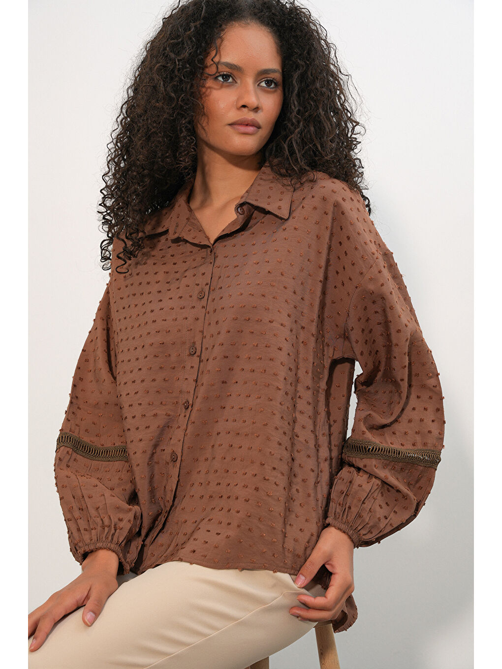 Kahverengi Kadın Oversize Desenli Gömlek 20379 - Taba-2