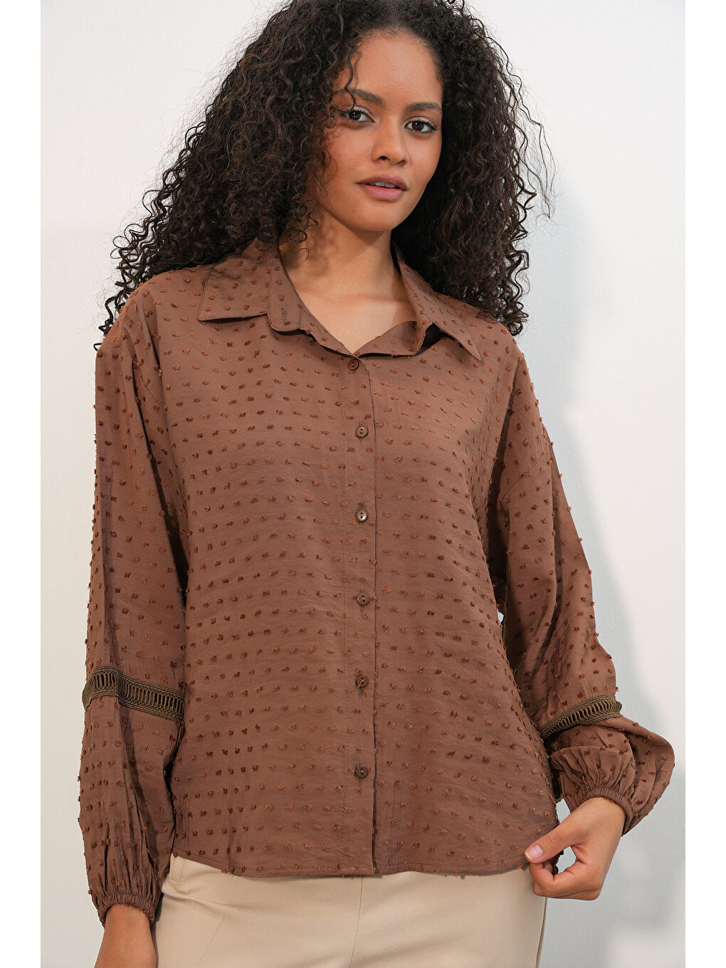 Kahverengi Kadın Oversize Desenli Gömlek 20379 - Taba-3