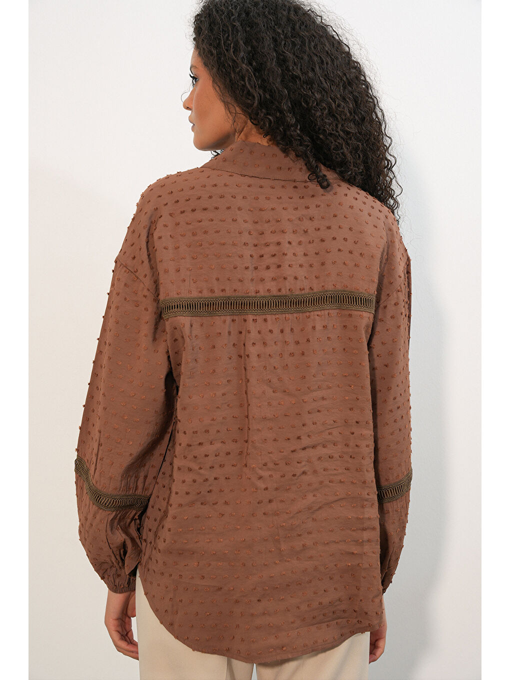Kahverengi Kadın Oversize Desenli Gömlek 20379 - Taba-5