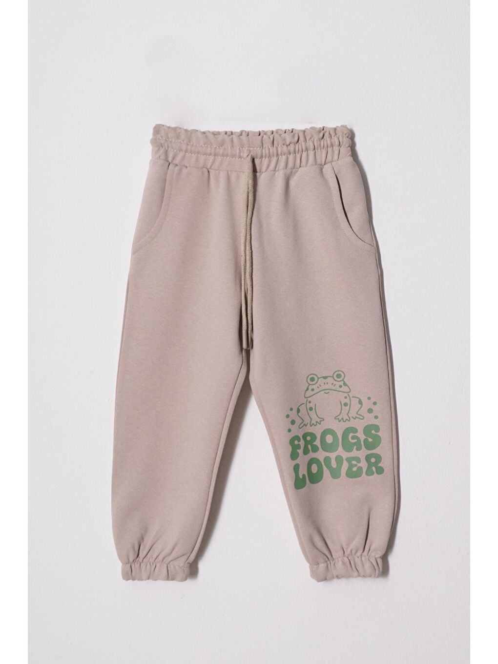 Bej Kurbağa Baskılı Lastikli Paça Taş Renk Erkek Çocuk Eşofman Tek Alt