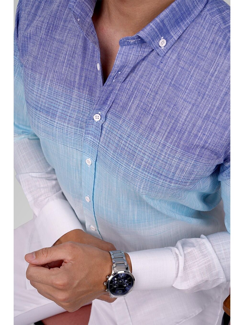 Panolu Mint Mavi Geçişli Keten Slimfit Erkek %100 Pamuk Gömlek