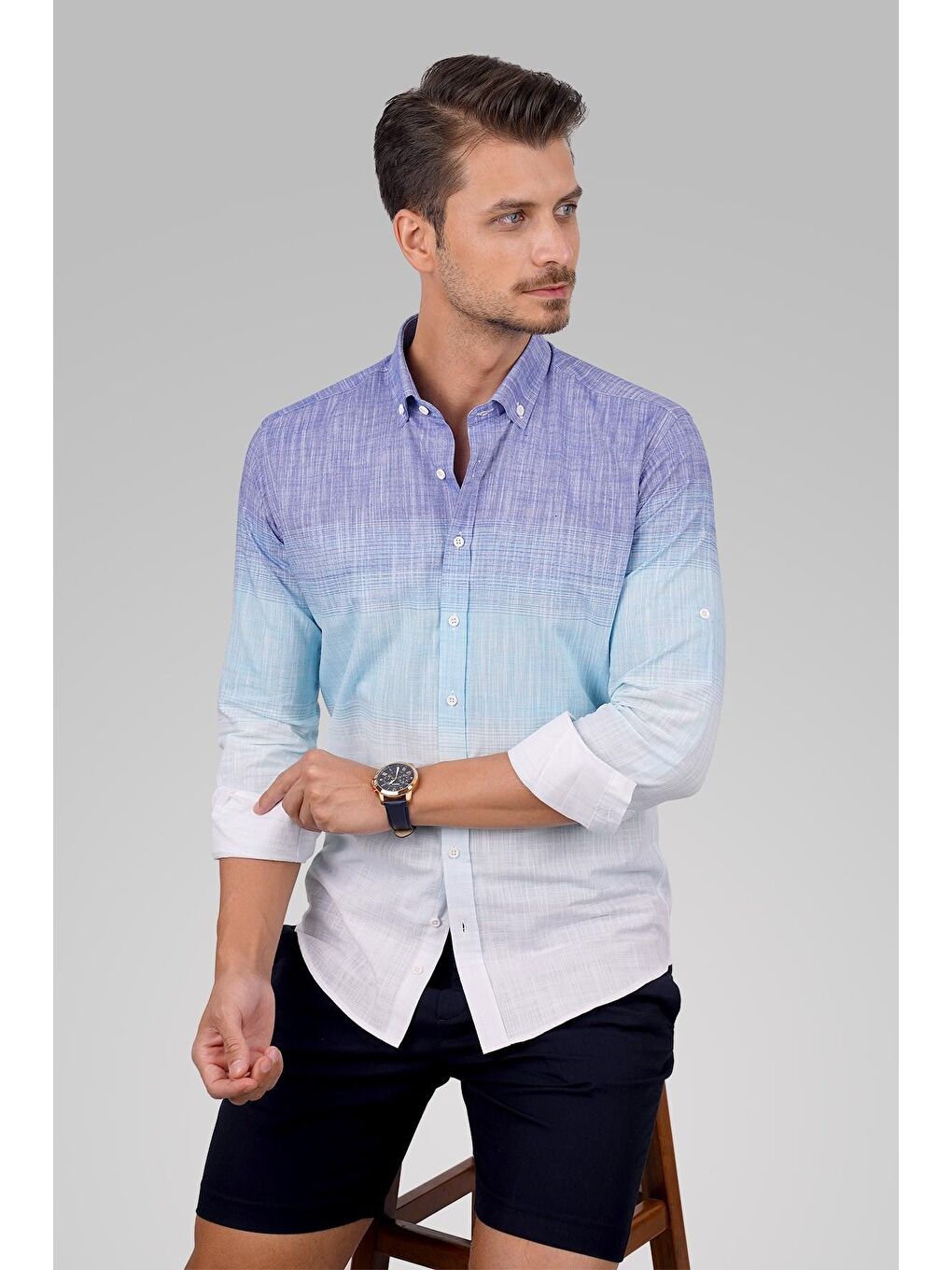 Panolu Mint Mavi Geçişli Keten Slimfit Erkek %100 Pamuk Gömlek-1