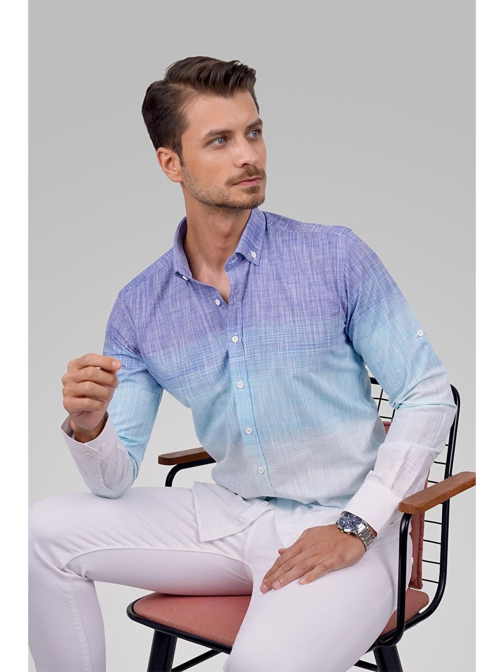 Panolu Mint Mavi Geçişli Keten Slimfit Erkek %100 Pamuk Gömlek-4