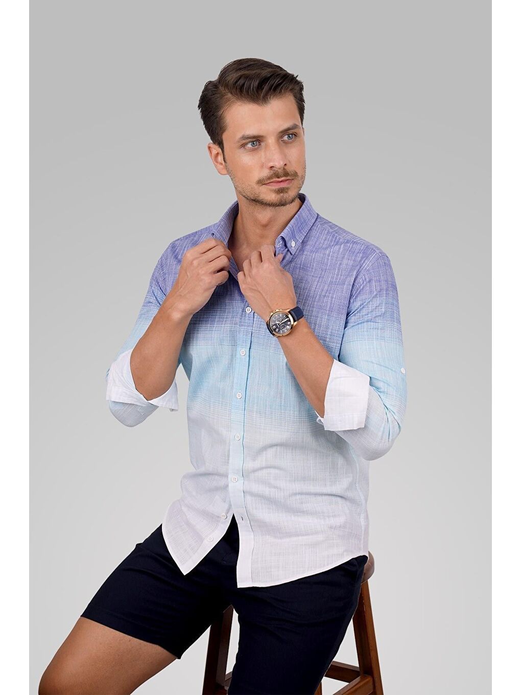 Panolu Mint Mavi Geçişli Keten Slimfit Erkek %100 Pamuk Gömlek-6