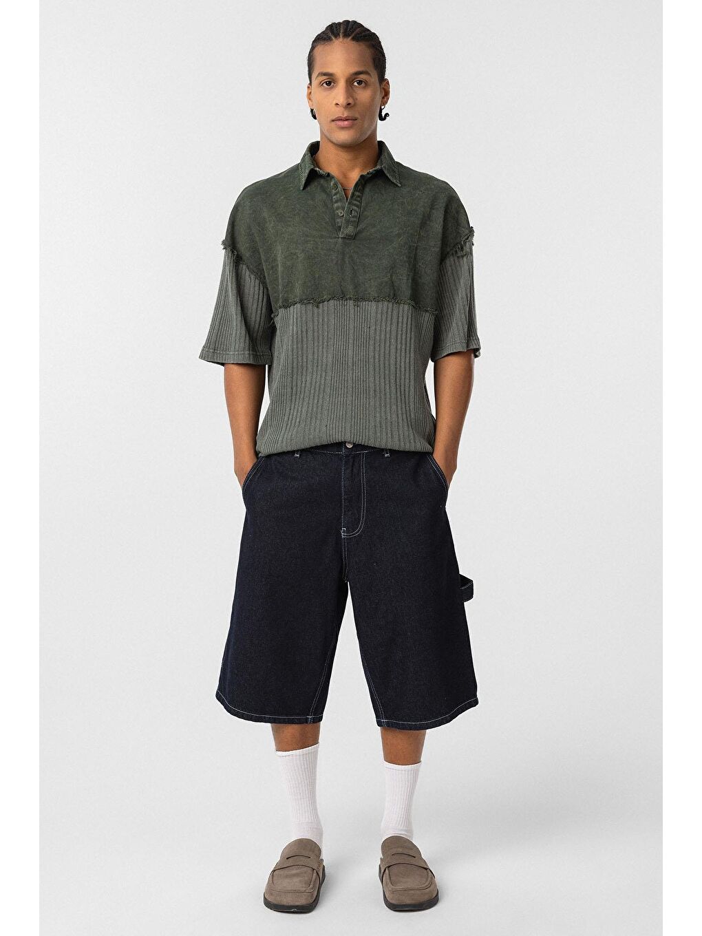 Yıkamalı Oversize Polo Yaka Tişört Haki