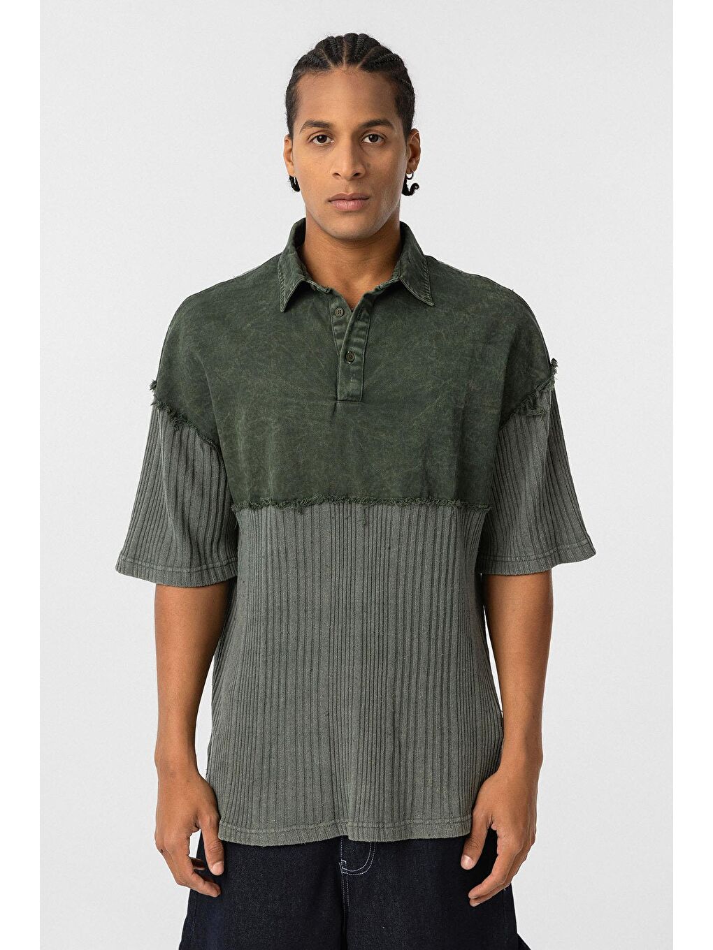 Yıkamalı Oversize Polo Yaka Tişört Haki-2
