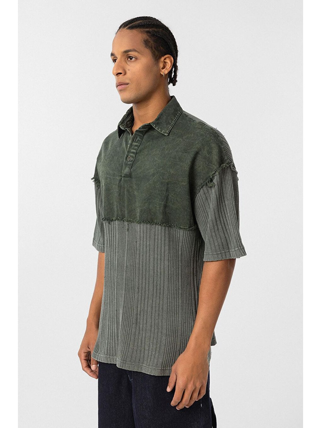 Yıkamalı Oversize Polo Yaka Tişört Haki-3