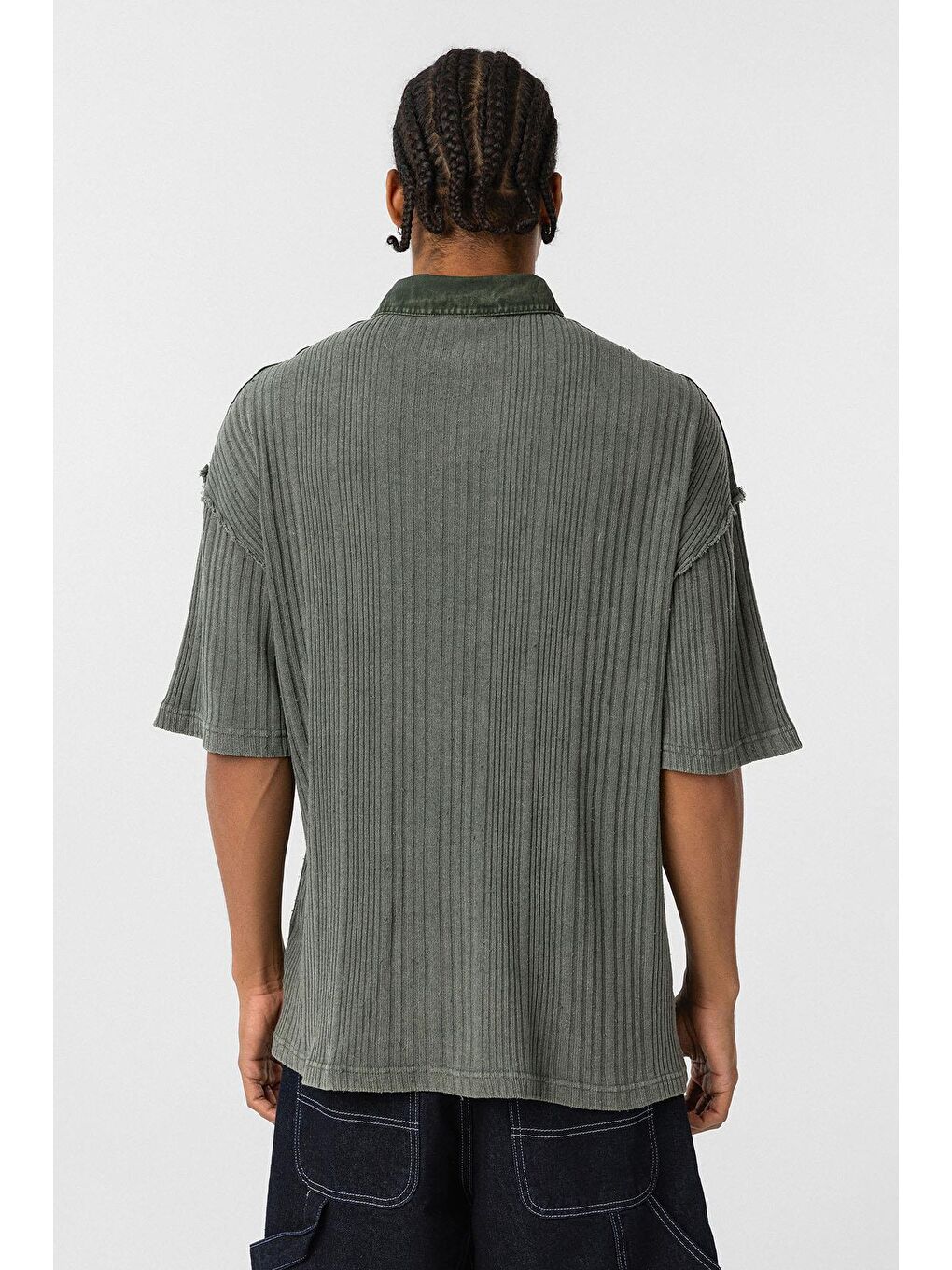 Yıkamalı Oversize Polo Yaka Tişört Haki-4