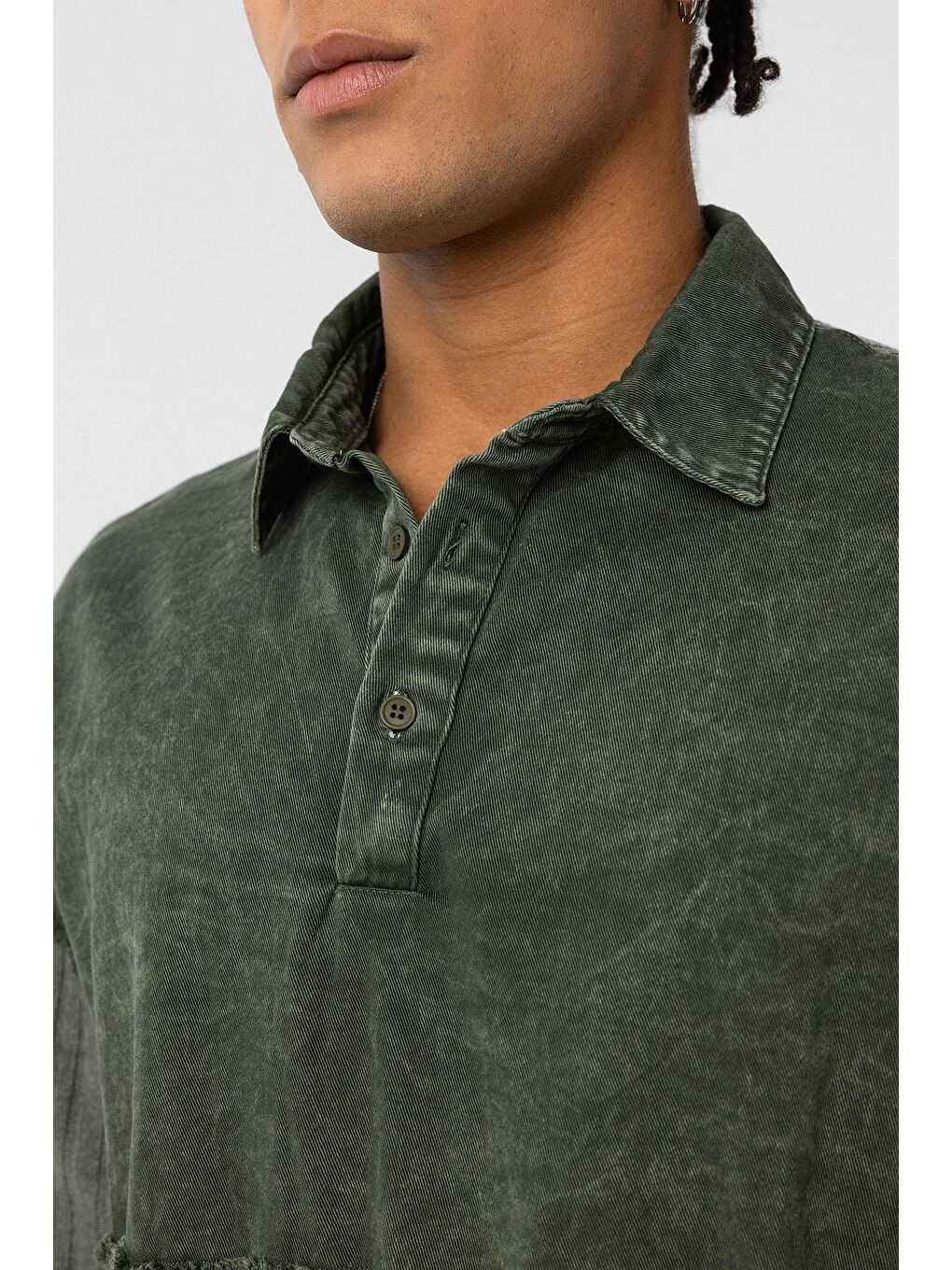 Yıkamalı Oversize Polo Yaka Tişört Haki-5