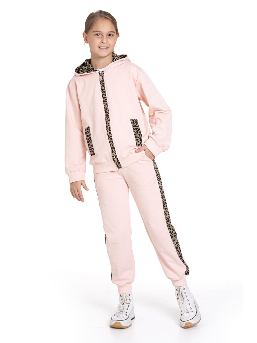 Pembe Kapüşonlu Leopar Şerit Detaylı Pudra Renk Kız Çocuk Eşofman Takım-3
