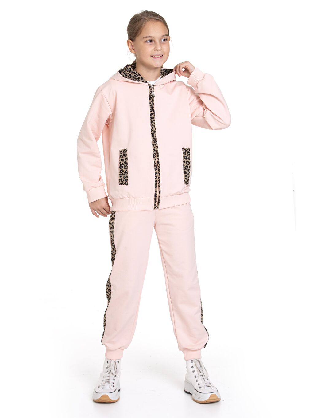 Pembe Kapüşonlu Leopar Şerit Detaylı Pudra Renk Kız Çocuk Eşofman Takım-5