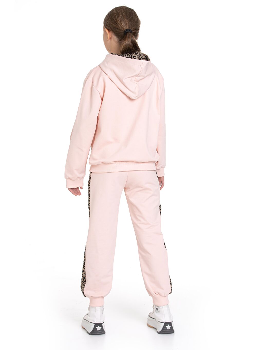 Pembe Kapüşonlu Leopar Şerit Detaylı Pudra Renk Kız Çocuk Eşofman Takım-7