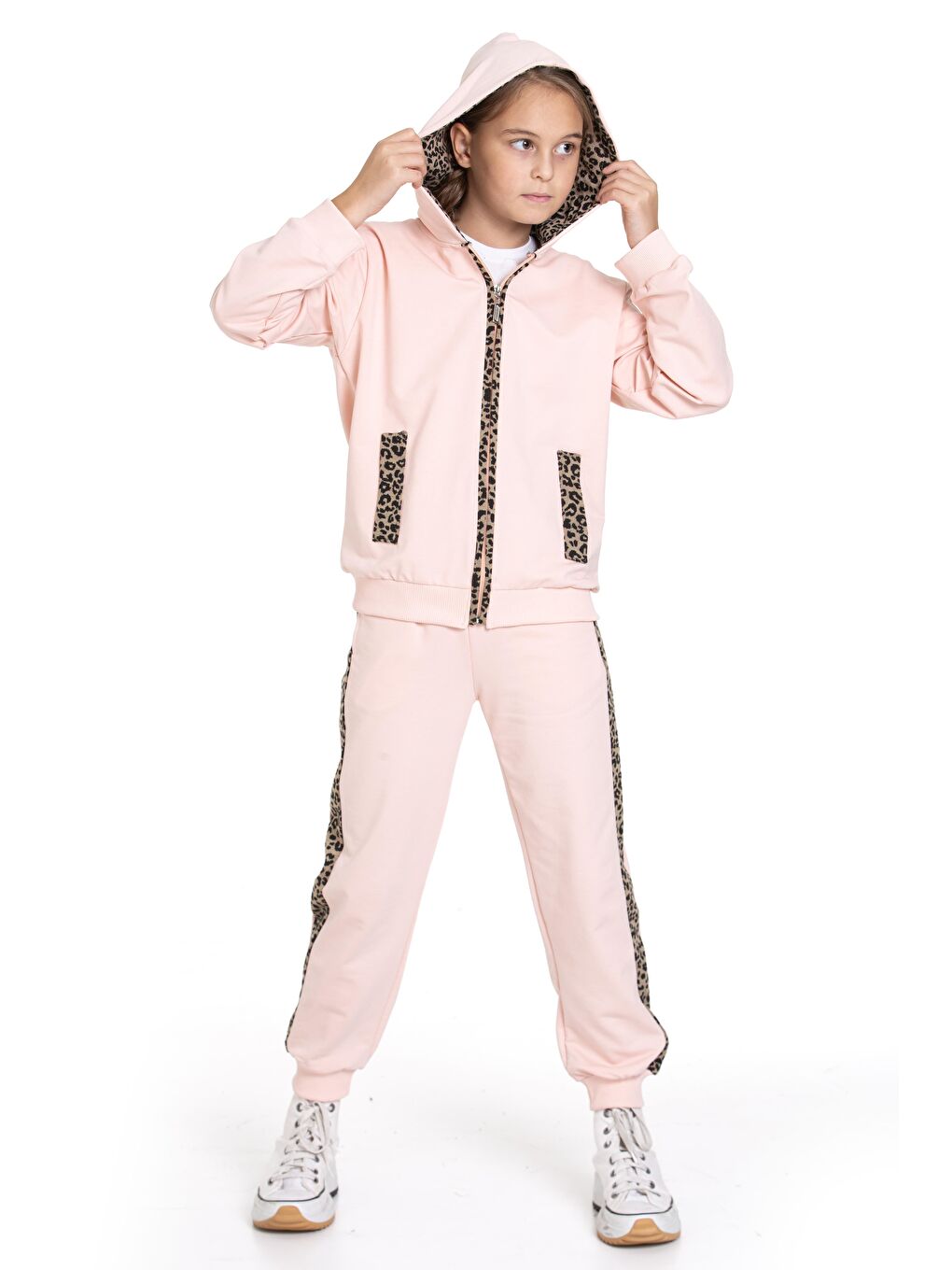 Pembe Kapüşonlu Leopar Şerit Detaylı Pudra Renk Kız Çocuk Eşofman Takım-8