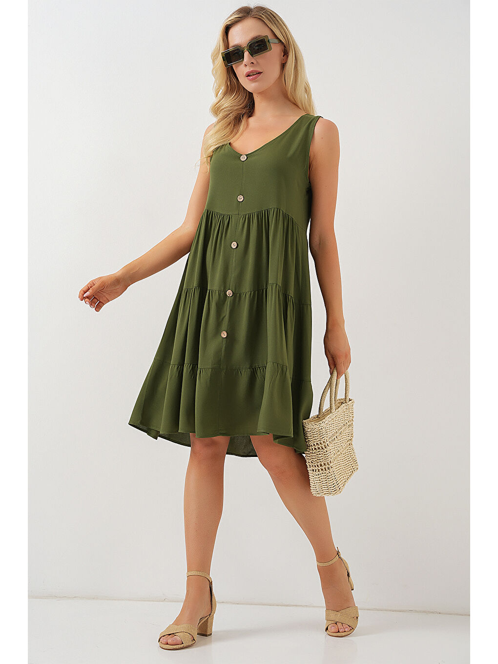 Kadın Sıfır Kol Düğmeli Kısa Elbise 2571 - Haki-2