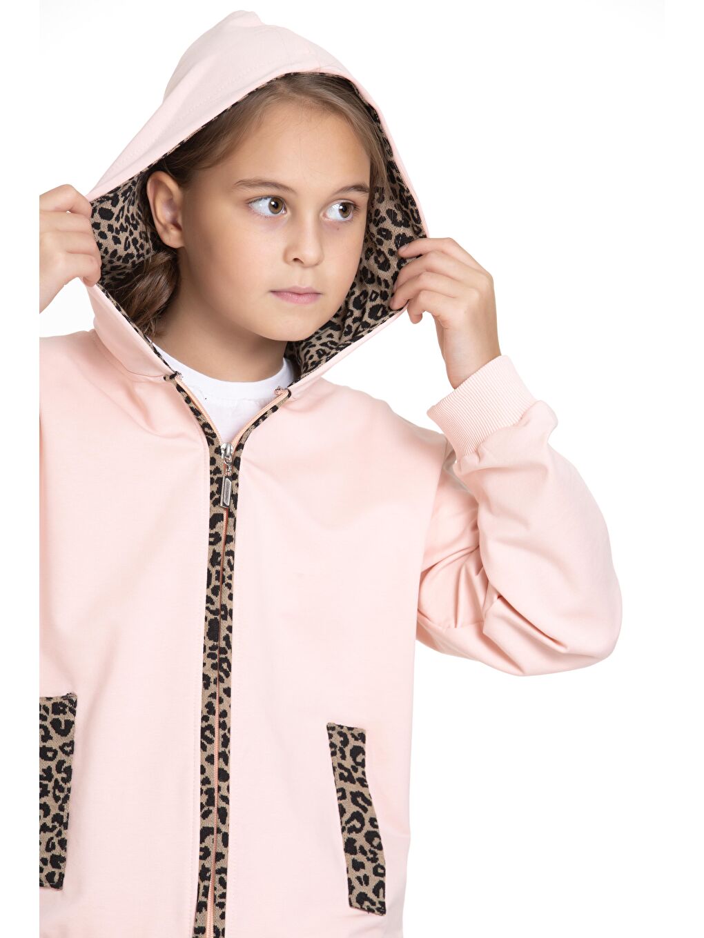 Pembe Kapüşonlu Leopar Şerit Detaylı Pudra Renk Kız Çocuk Eşofman Takım-9