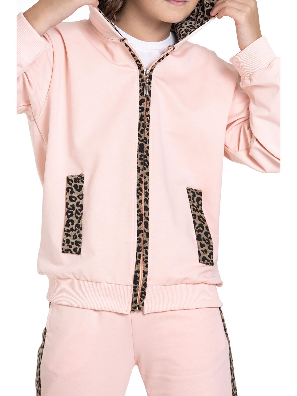 Pembe Kapüşonlu Leopar Şerit Detaylı Pudra Renk Kız Çocuk Eşofman Takım-10