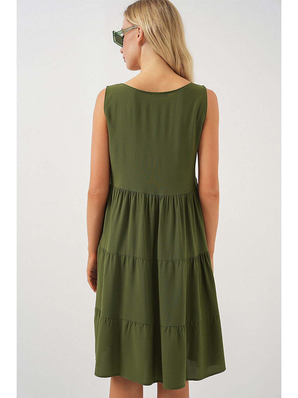 Kadın Sıfır Kol Düğmeli Kısa Elbise 2571 - Haki-5