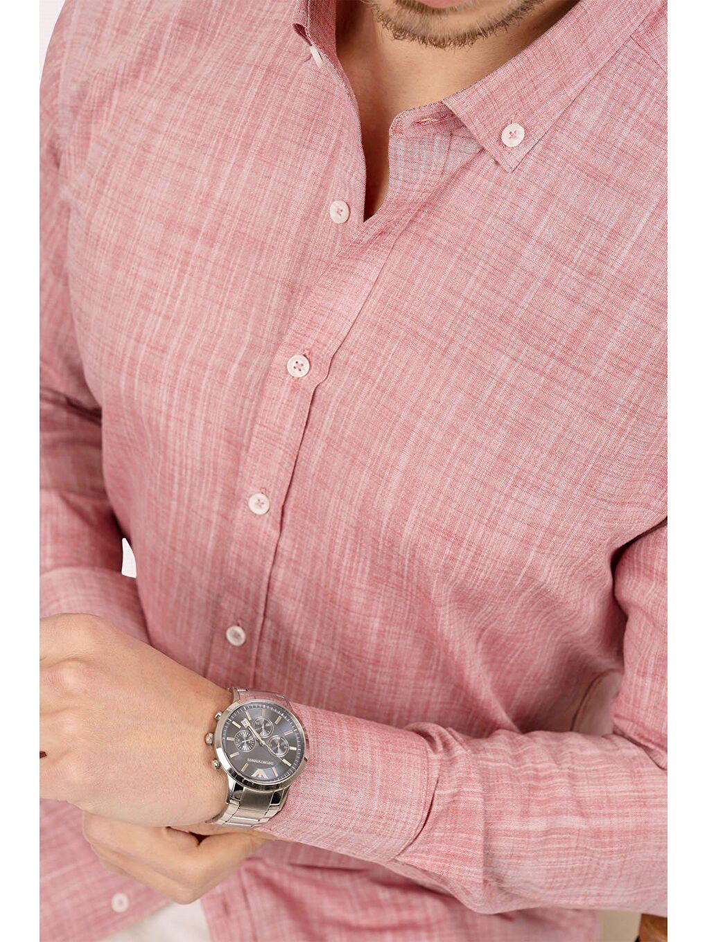 Kırmızı Vişne Yaka Düğmeli Keten Görünümlü Slimfit Erkek %100 Pamuk Gömlek