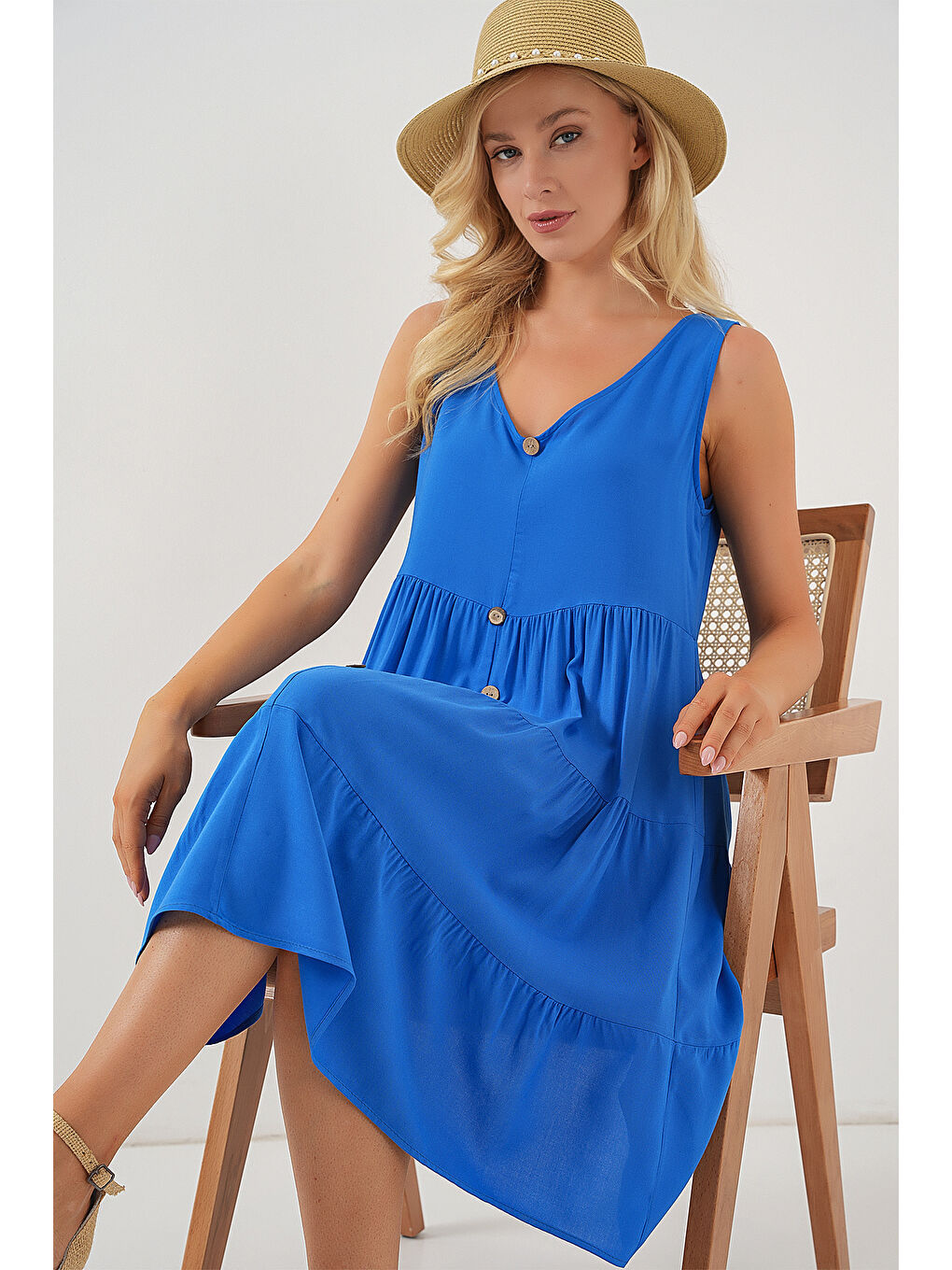 Mavi Kadın Sıfır Kol Düğmeli Kısa Elbise 2571 - Saks-1