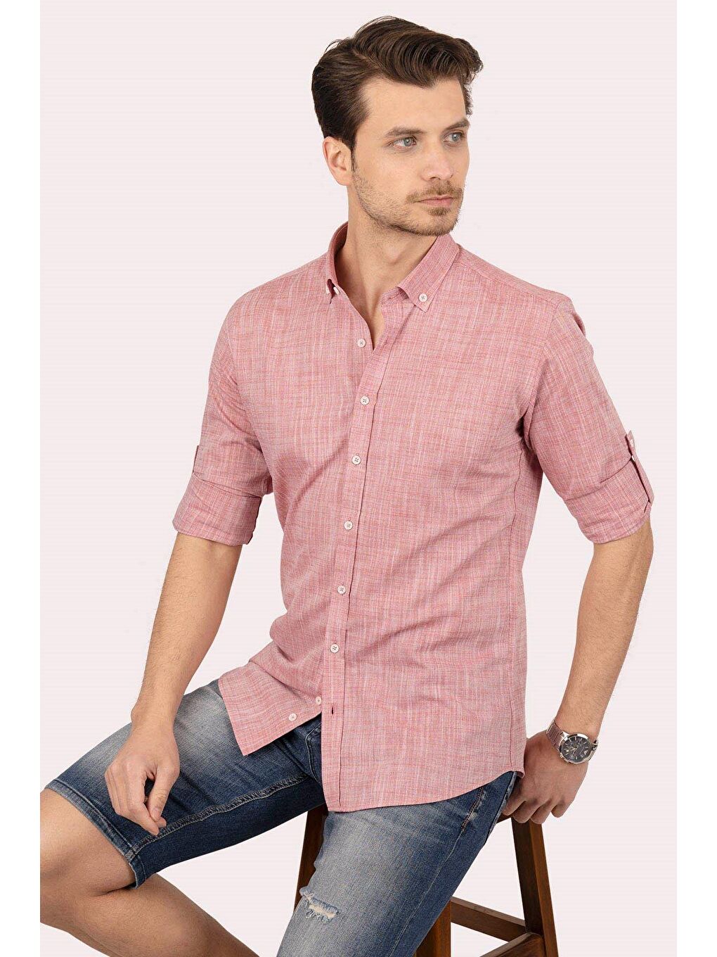 Kırmızı Vişne Yaka Düğmeli Keten Görünümlü Slimfit Erkek %100 Pamuk Gömlek-1