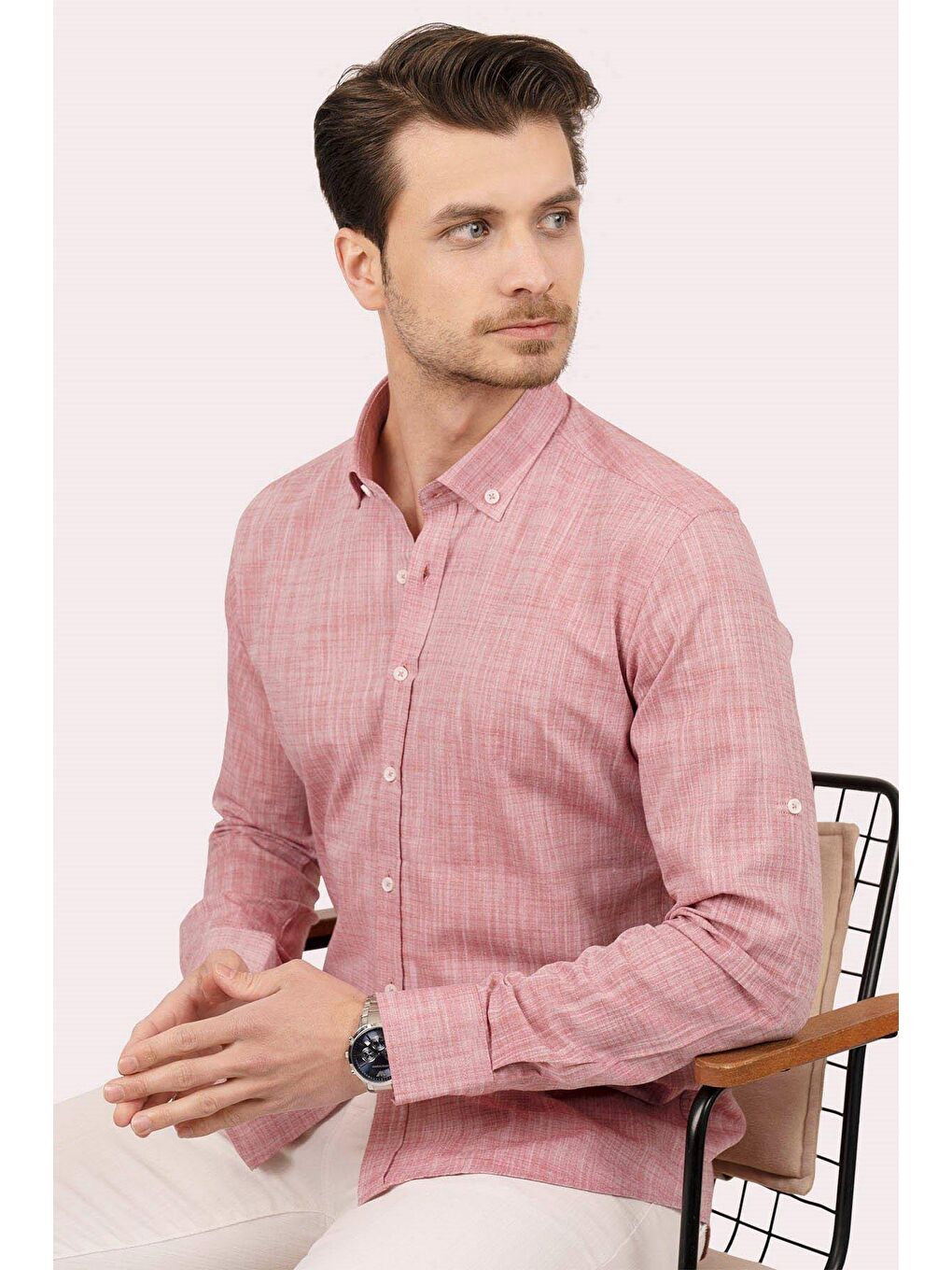 Kırmızı Vişne Yaka Düğmeli Keten Görünümlü Slimfit Erkek %100 Pamuk Gömlek-2