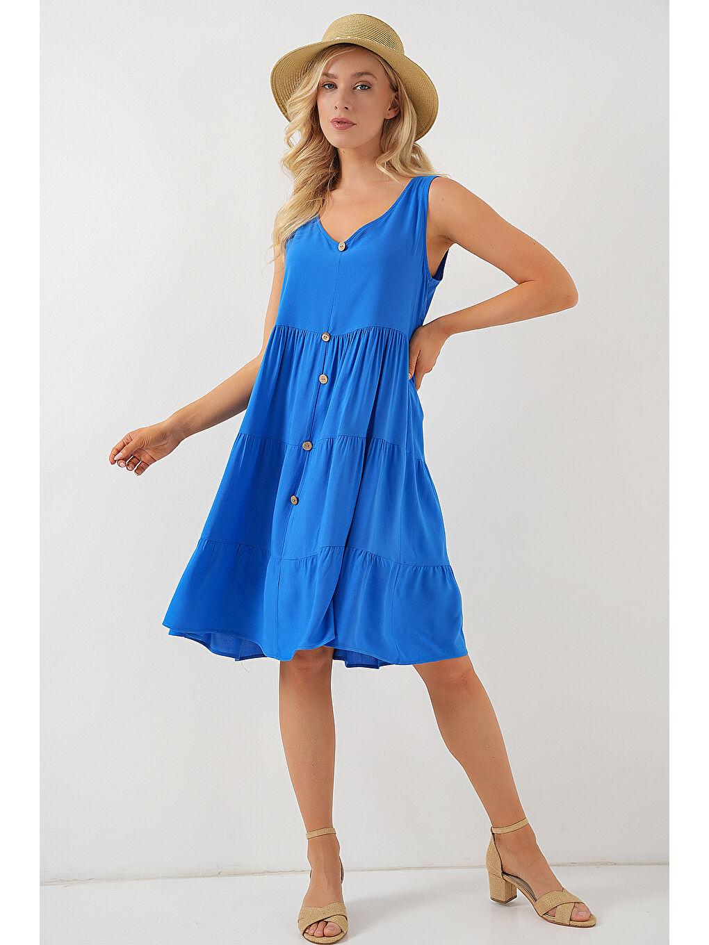 Mavi Kadın Sıfır Kol Düğmeli Kısa Elbise 2571 - Saks-2