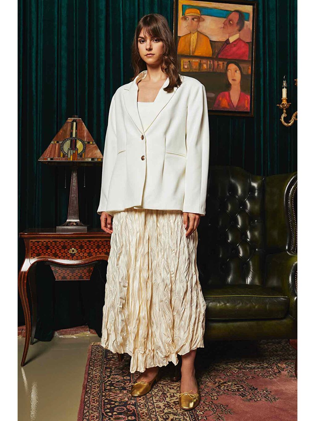 Ekru Pile Kırınkıl Saten Etek - Krem-1