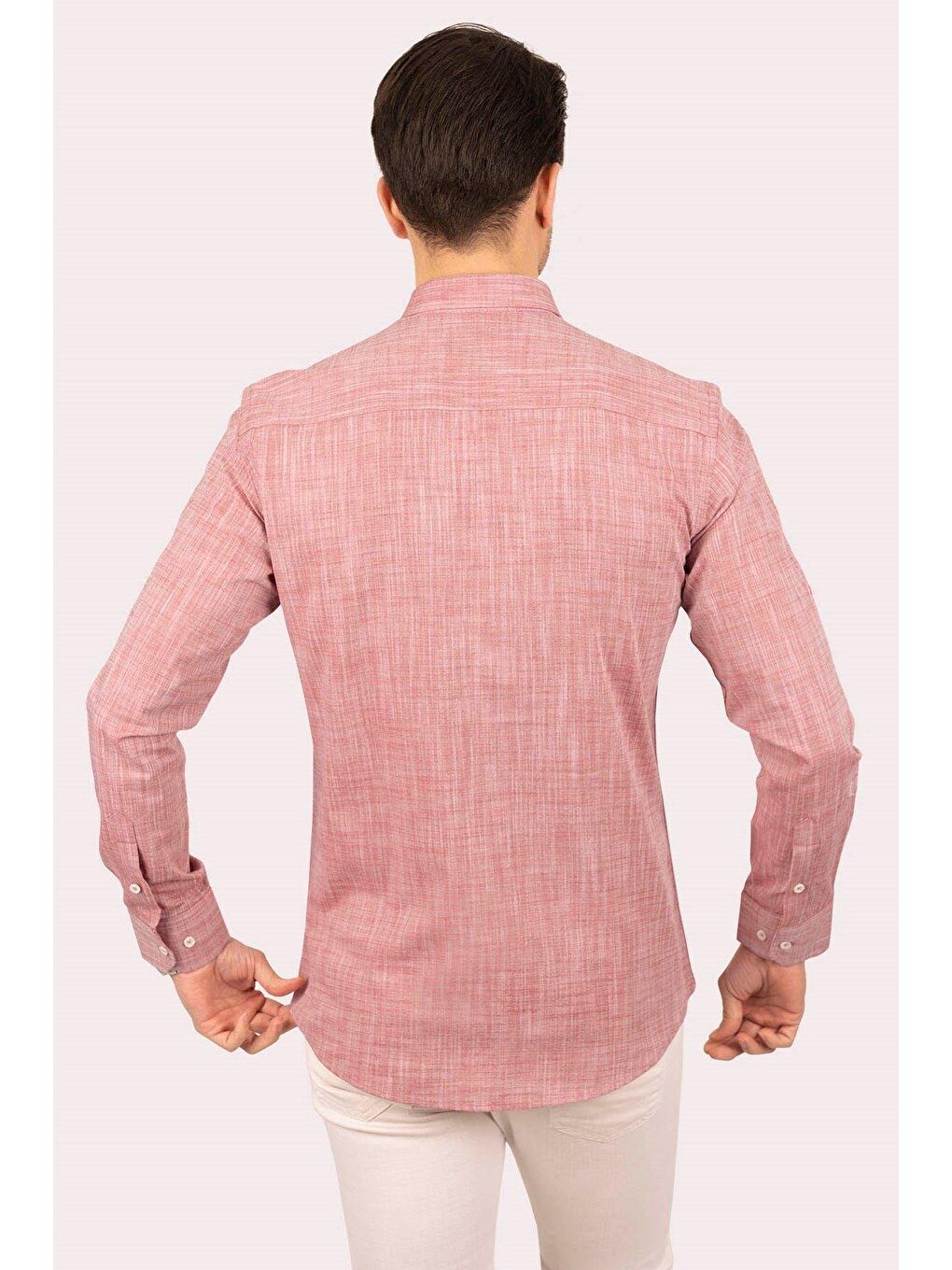 Kırmızı Vişne Yaka Düğmeli Keten Görünümlü Slimfit Erkek %100 Pamuk Gömlek-6