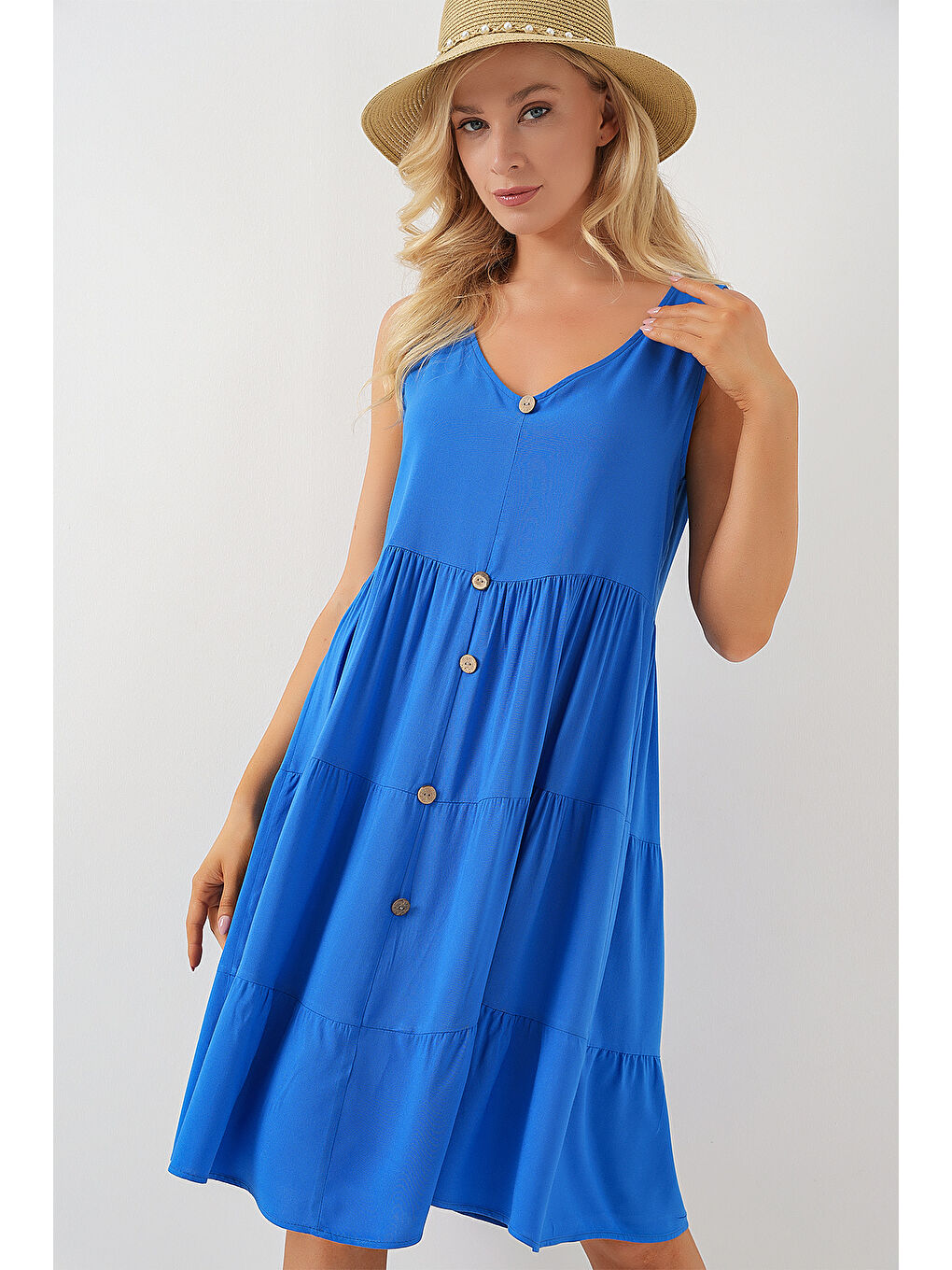 Mavi Kadın Sıfır Kol Düğmeli Kısa Elbise 2571 - Saks-3