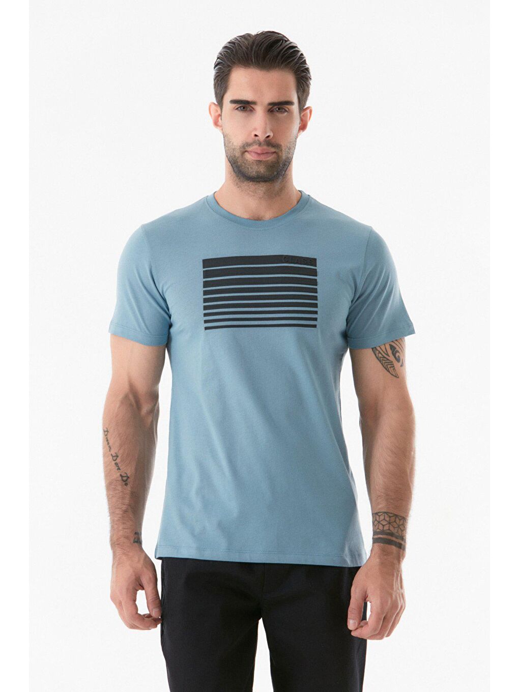 Mavi Baskılı Bisiklet Yaka Tişört