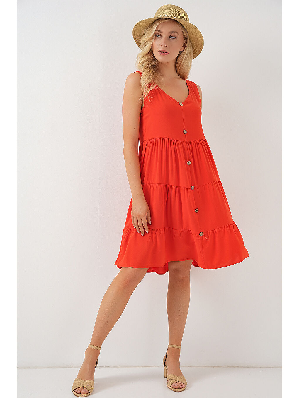 Kırmızı Kadın Sıfır Kol Düğmeli Kısa Elbise 2571 - Nar-1