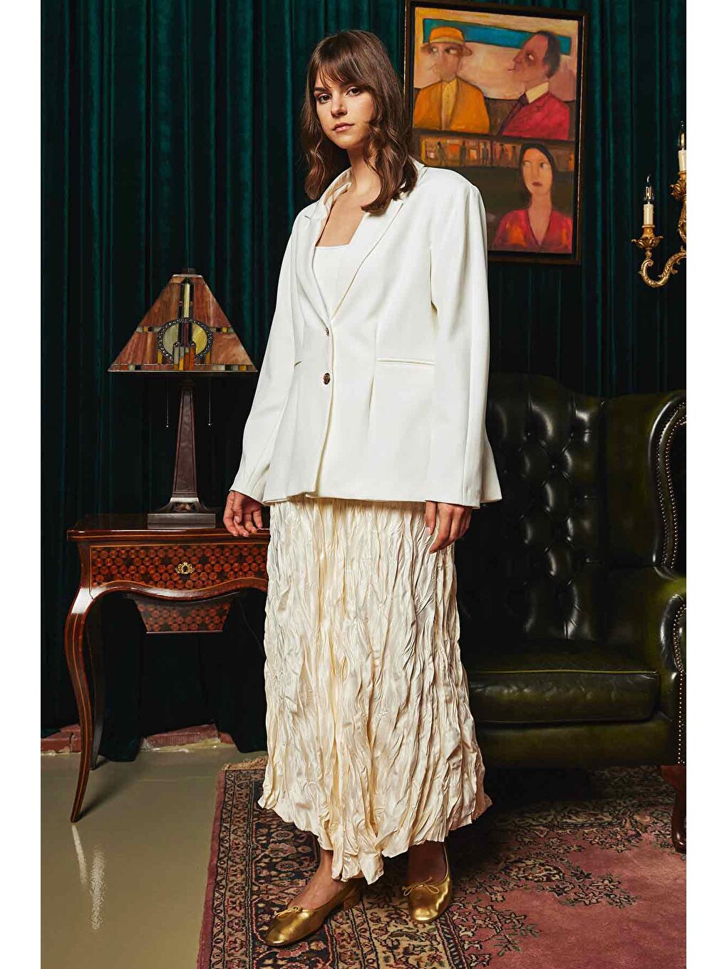 Ekru Pile Kırınkıl Saten Etek - Krem-2