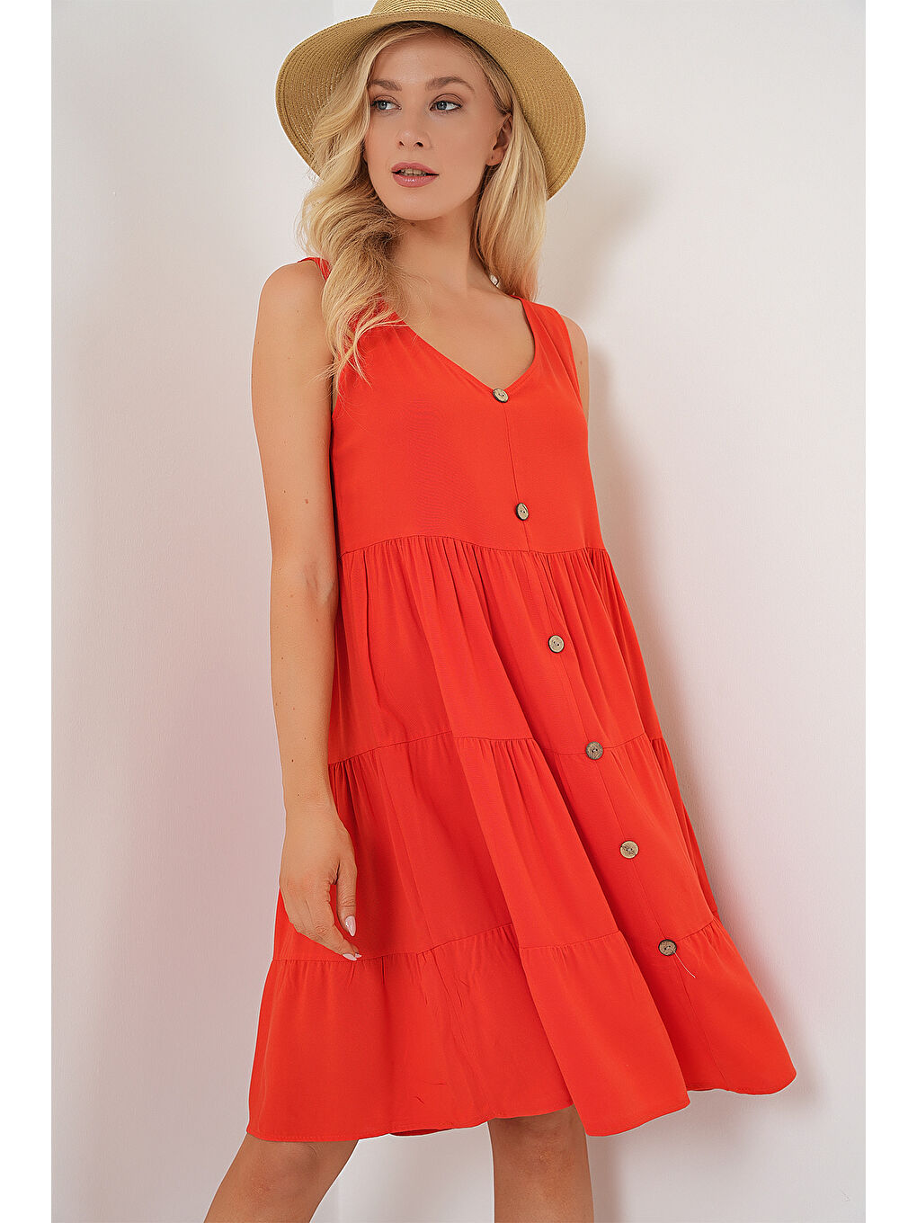 Kırmızı Kadın Sıfır Kol Düğmeli Kısa Elbise 2571 - Nar-2