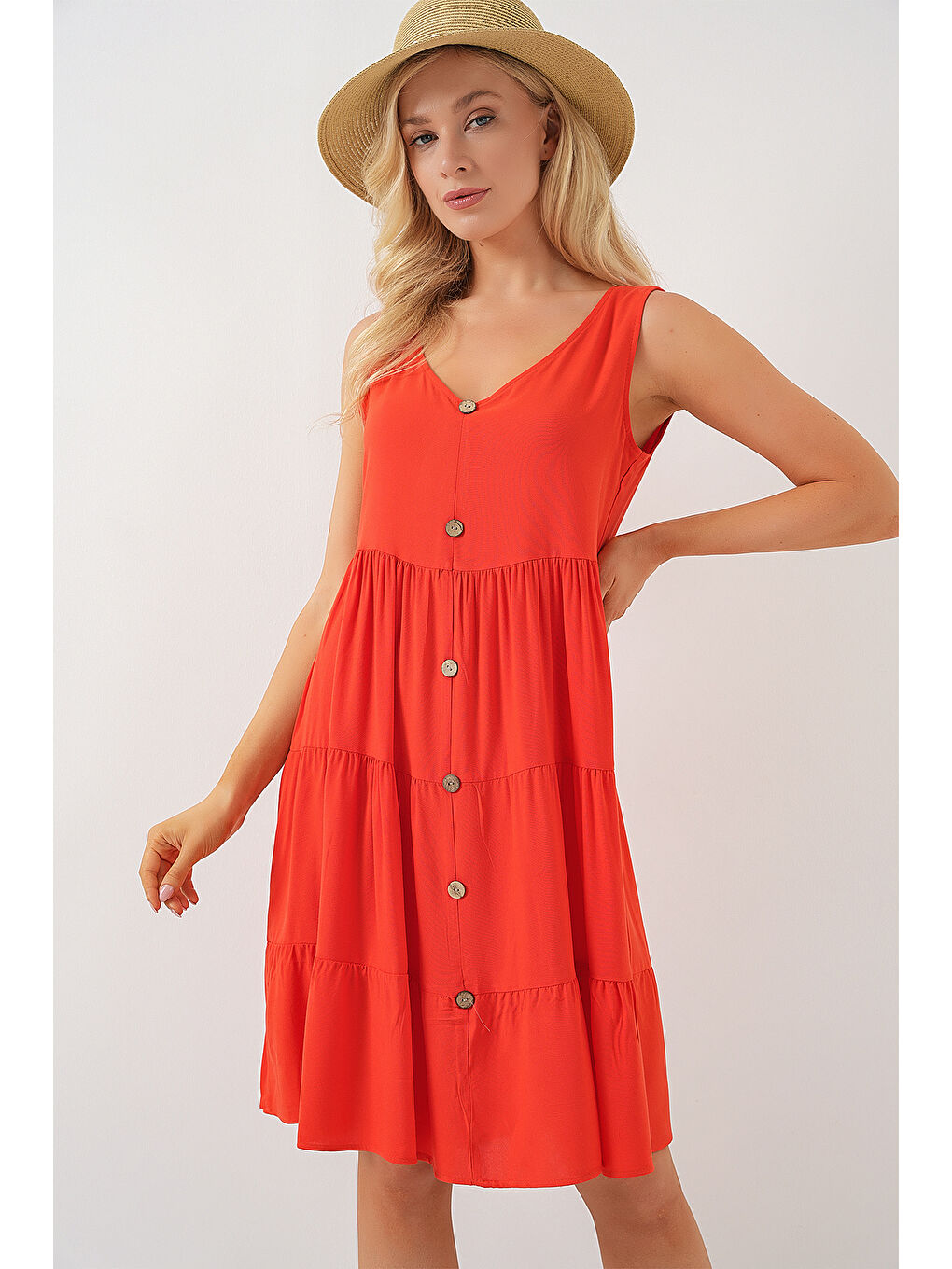 Kırmızı Kadın Sıfır Kol Düğmeli Kısa Elbise 2571 - Nar-3