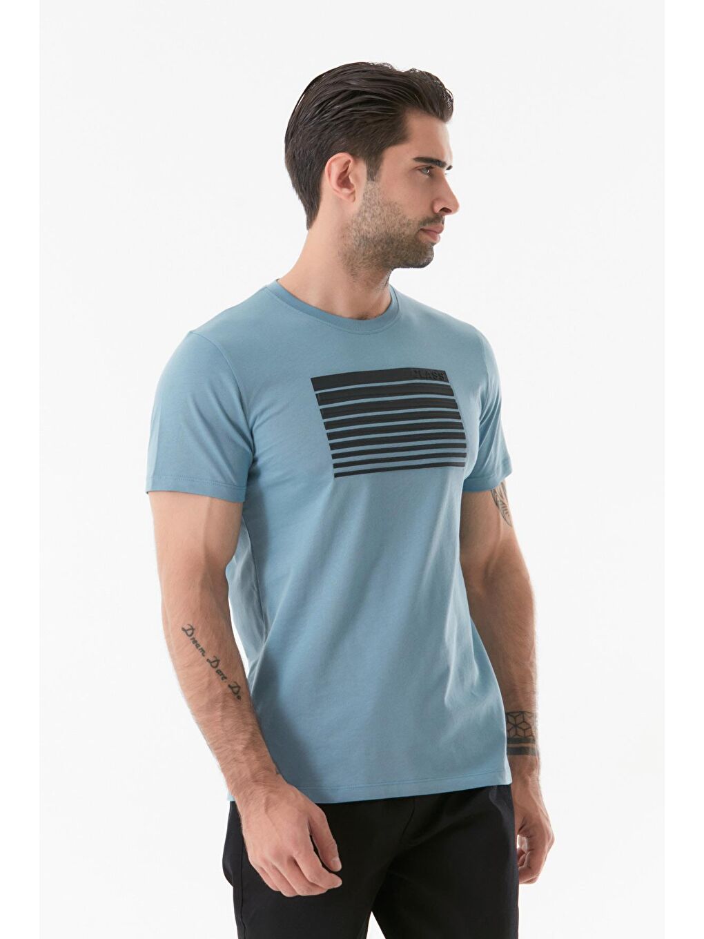 Mavi Baskılı Bisiklet Yaka Tişört-1
